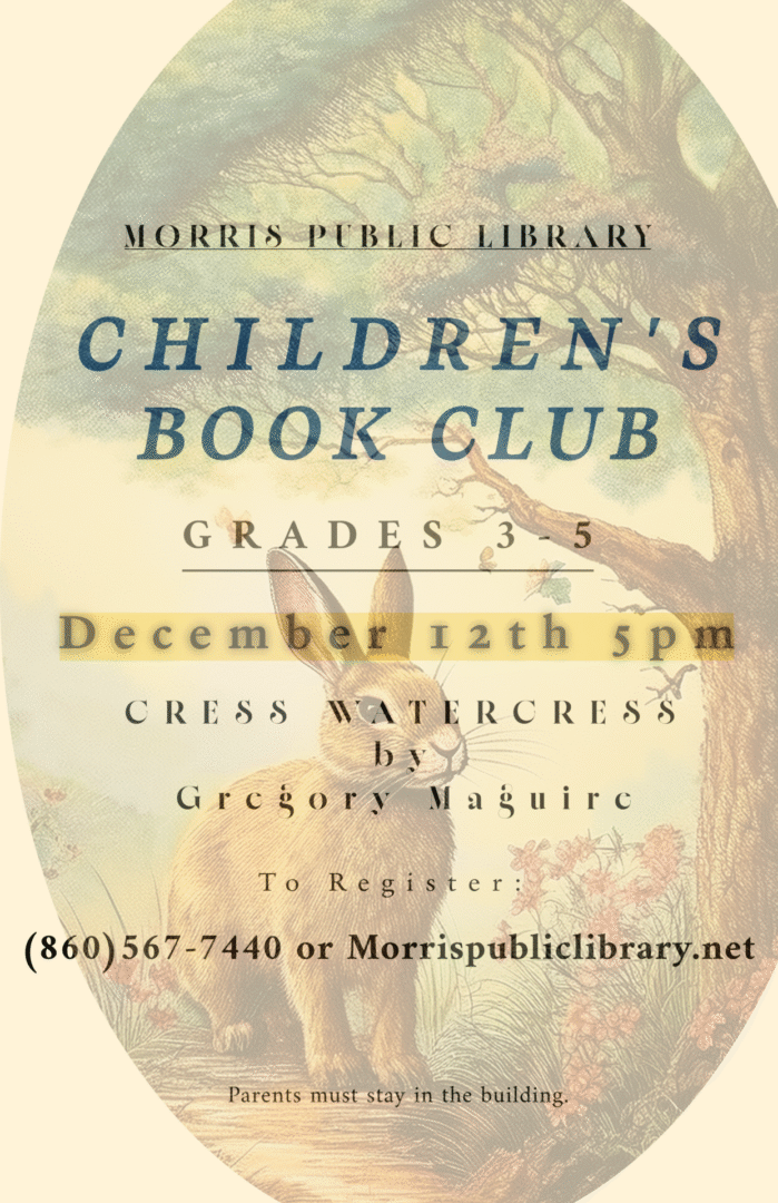 Flyer for children's book club meeting on December 12th at Morris Public Library.