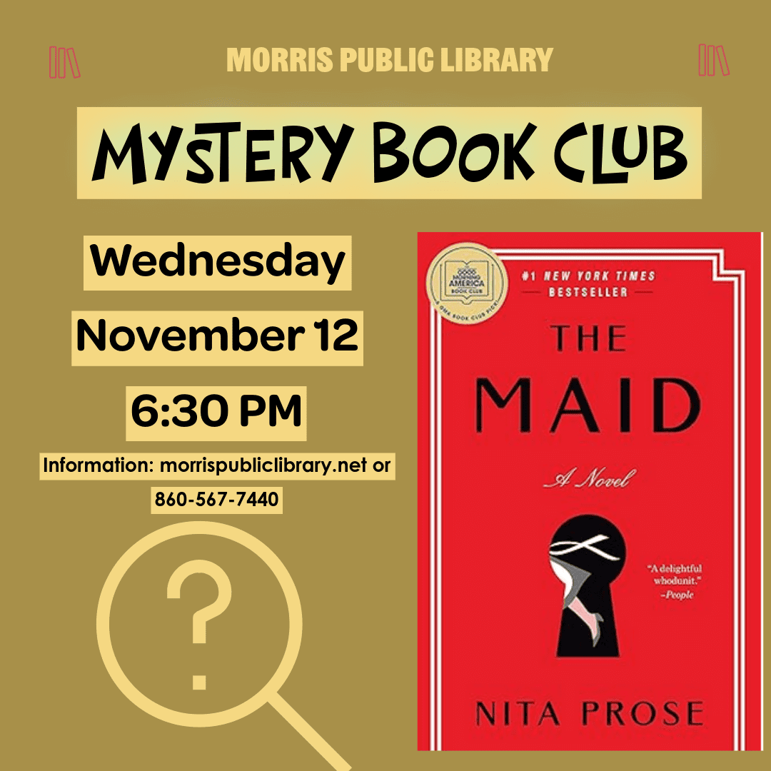 Flyer for Mystery Book Club meeting featuring 'The Maid' by Nita Prose on November 12.