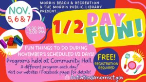 Colorful flyer promoting "1/2 Day Fun" with free activities and registration details.
