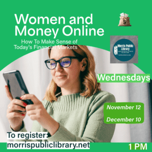 Promotional image for a webinar on women and money online, November 12 at 1 PM.